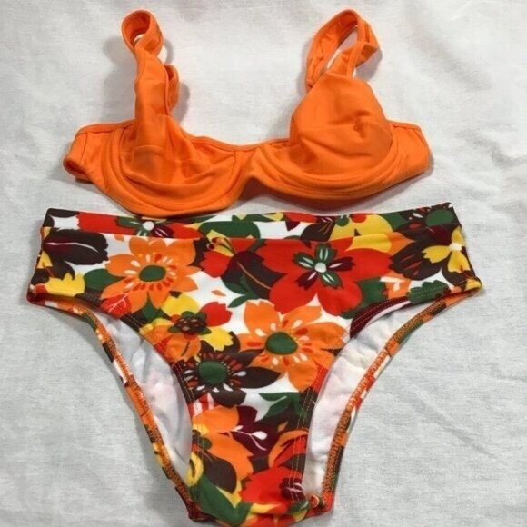 Recco Size M Brazilian Orange Underwire Top & Tropical Print Bikini Bottom. New - Picture 1 of 5